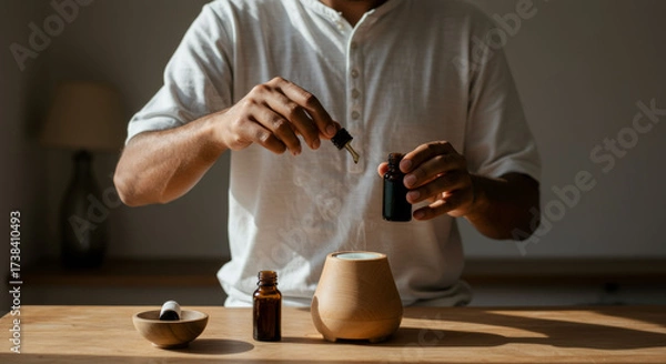 Obraz Person carefully handling essential oils at home, using wooden diffuser for personal care and hygiene. warm lighting creates calm and soothing atmosphere