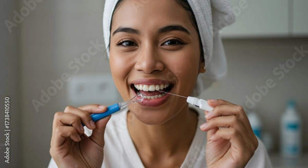 Obraz Woman with towel on her head is smiling while using water flosser for oral hygiene in home bathroom. scene emphasizes personal care and cleanliness