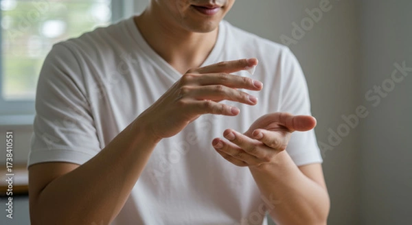 Obraz Man applying lotion to his hands in bright home setting, emphasizing personal care and hygiene. scene conveys sense of self care and cleanliness in comfortable environment