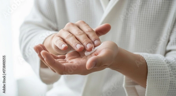 Obraz Person wearing white bathrobe applies lotion to their hands, emphasizing personal care and hygiene in home setting. soft lighting creates calm and nurturing atmosphere
