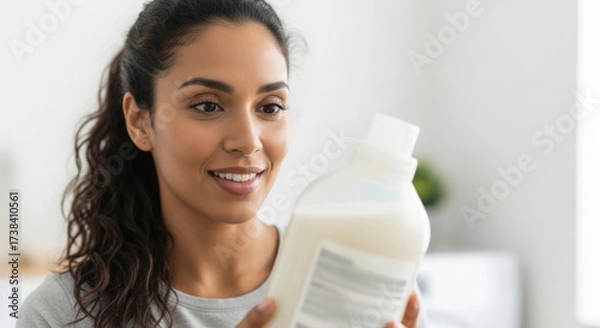 Obraz Woman smiling while holding bottle of liquid detergent, reading label in bright home environment. scene emphasizes personal care and hygiene in clean and organized space