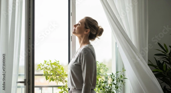 Obraz Serene woman stands near bright window in cozy home, enjoying fresh air and sunlight. space is adorned with green plants, creating peaceful and hygienic atmosphere for personal care