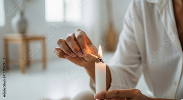 Obraz Person lighting white candle in serene home setting, emphasizing personal care and hygiene in calm and peaceful atmosphere. soft lighting and minimalistic decor enhance tranquil mood