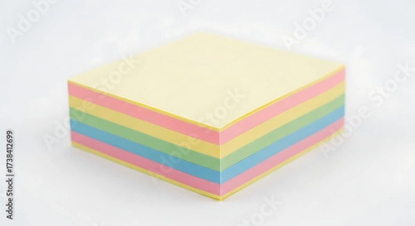 Fototapeta Closeup of a stack of colorful sticky notes, showcasing the pastel hues of yellow, pink, green, and blue, isolated on white background
