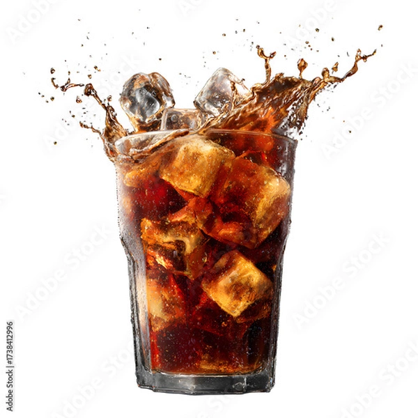 Fototapeta Chilled Cola with Ice Cubes and Splash Motion, Refreshing Drink, isolated on transparent background