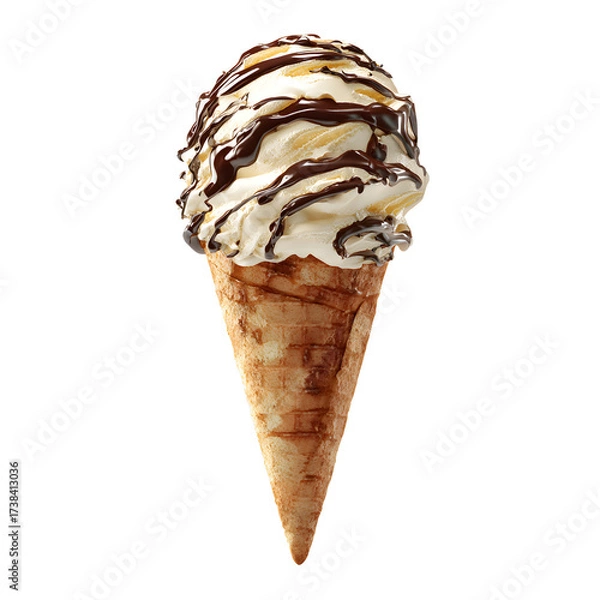 Fototapeta Creamy Ice Cream Cone with Chocolate Drizzle, Sweet Summer Dessert, isolated on transparent background