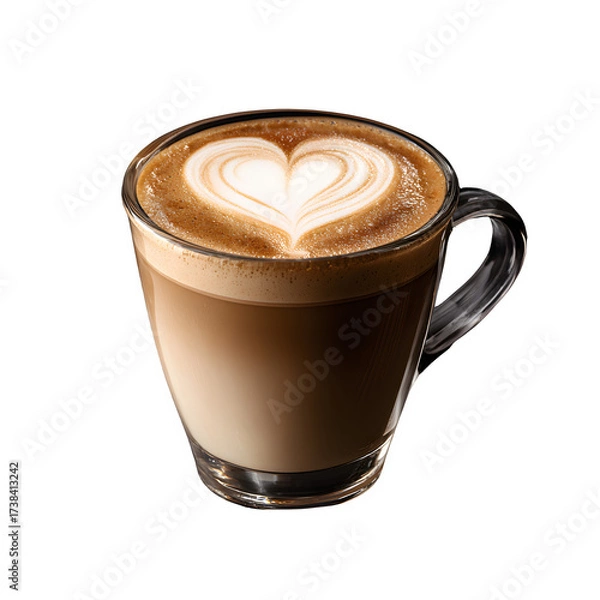 Fototapeta Creamy Latte with Heart-Shaped Foam Art in Glass Cup, Cozy Morning Mood, isolated on transparent background