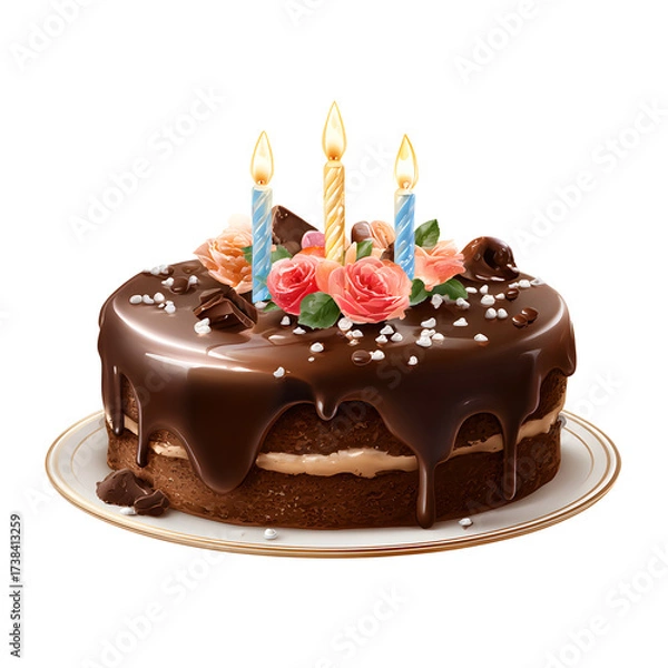 Fototapeta Frosted Chocolate Birthday Cake with Lit Candles, Celebration Symbol, isolated on transparent background
