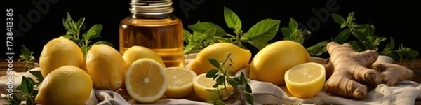 Fototapeta Lemons, ginger, and a refreshing beverage.