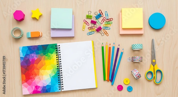 Fototapeta Overhead view of a wooden desk with a colorful array of stationery items, including a notebook with a vibrant cover, pencils, paper clips, and washi tape, creating a cheerful and organized workspace a