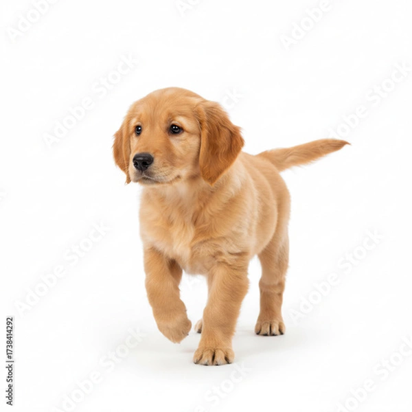 Obraz AI-Generated charming golden retriever puppy struts confidently forward, with an air of playful curiosity and innocent eagerness. isolated on a white background.