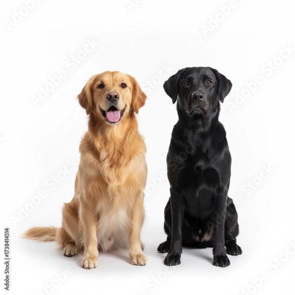 Obraz AI-generated Cute golden and black retriever puppy group portrait sitting, isolated on a white background.