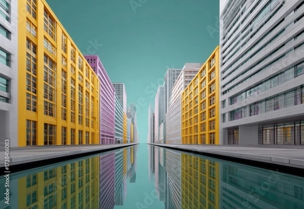 Fototapeta An abstract cityscape view with colorful buildings reflected in water, creating symmetry and surreal perspective.
