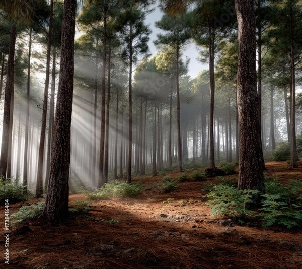 Fototapeta Atmospheric view of a dense pine forest with sunbeams filtering through the trees.