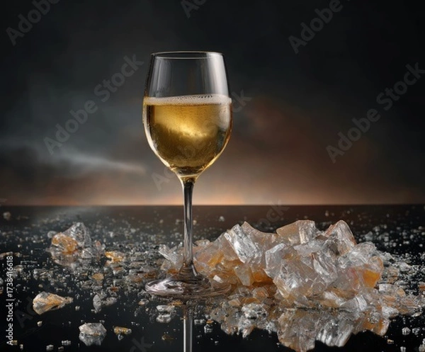 Fototapeta Elegant glass of white wine stands amidst a glittering array of clear and amber crystals on a glossy black surface, creating a luxurious and visually striking composition.