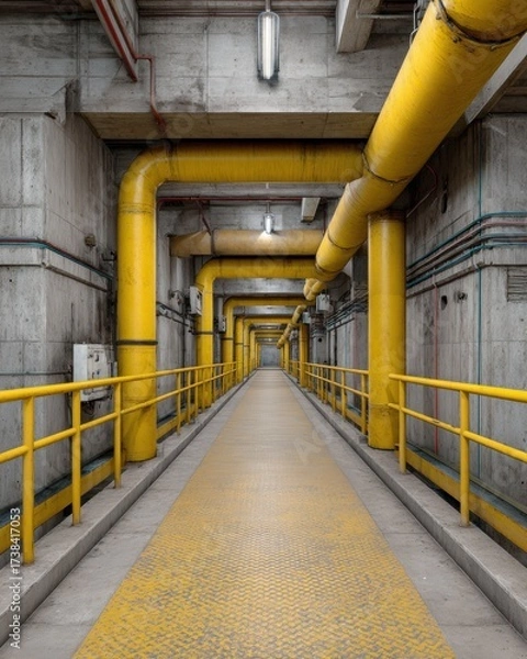 Fototapeta Perspective view of a concrete industrial corridor with yellow pipes and railings.
