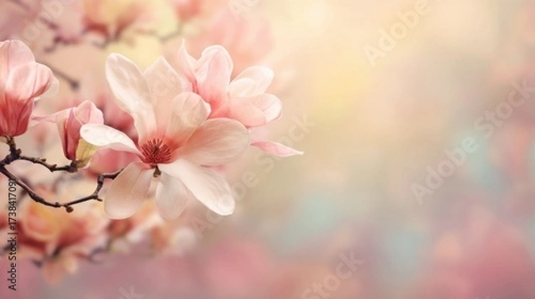 Fototapeta Magnolia flowers are blooming with soft pink petals against a dreamy pastel background, evoking a calm atmosphere typical of early spring in a garden.