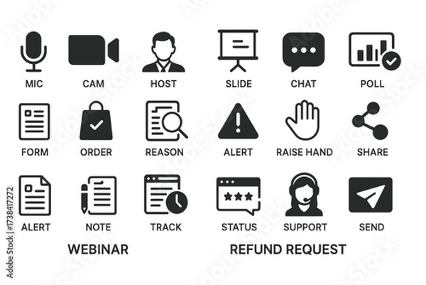 Fototapeta Webinar and refund request icons set for online interaction