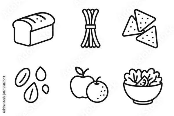 Fototapeta Outline icons of bread, pasta, nachos, seeds, fruits, and salad bowl