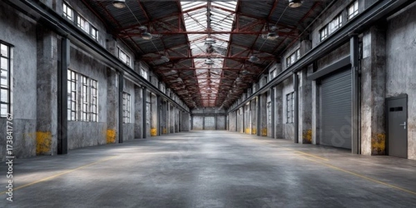 Fototapeta Wide view of an empty, expansive industrial warehouse interior with concrete walls, steel beams, skylights, and a roll-up door.