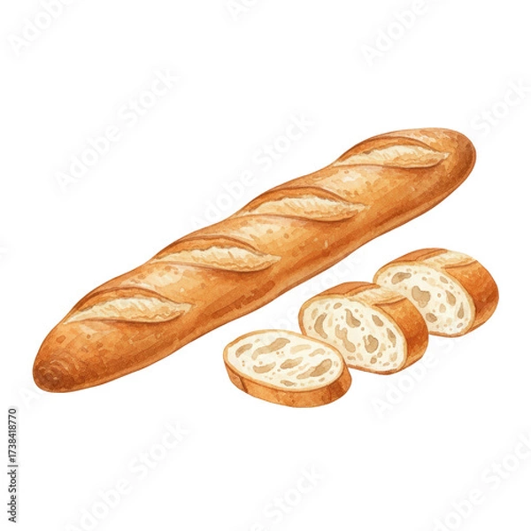 Fototapeta Watercolor Illustration of French Baguette with Three Slices