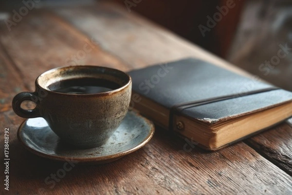 Fototapeta A small cup of dark coffee sits on a rustic wooden table next to a leather-bound notepad, inviting reflection and inspiration