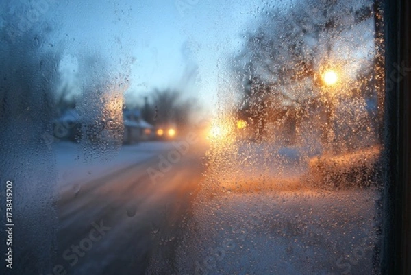 Fototapeta A winter morning presents a fogged window view of a snowy street, with soft streetlights illuminating the serene scene outside