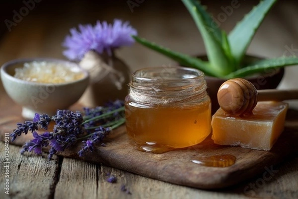 Fototapeta A wooden table showcases honey in a jar, aloe vera leaves, lavender flowers, and a small bowl of sugar, creating a relaxing atmosphere