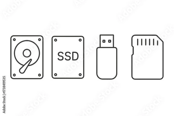 Fototapeta Line art of storage devices: hard drive, ssd, usb flash drive, sd card