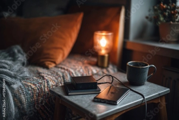 Fototapeta A warm and inviting bedroom space features a cup of coffee, a smartphone, and a soft blanket next to a glowing lamp on a bedside table