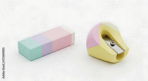 Fototapeta Pastel eraser and sharpener isolated on white background closeup of a rectangular eraser with three colors and a sharpener with a yellow and pink design, perfect for school or office supplies