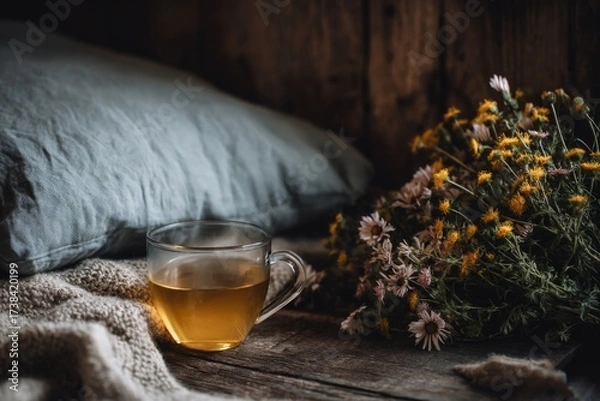 Fototapeta A cozy setting features a warm cup of herbal tea next to a soft blanket and a bouquet of fresh flowers, enhancing afternoon relaxation