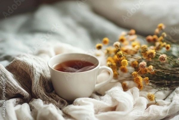 Fototapeta A warm cup of tea rests beside blooming yellow flowers on a soft, cozy blanket in a serene indoor space during morning light