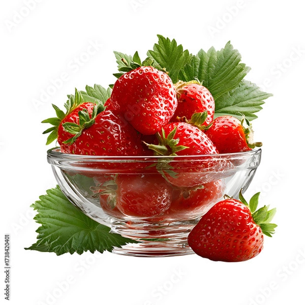 Fototapeta Strawberries in Glass Bowl with Fresh Leaves, Healthy Summer Fruit, isolated on transparent background