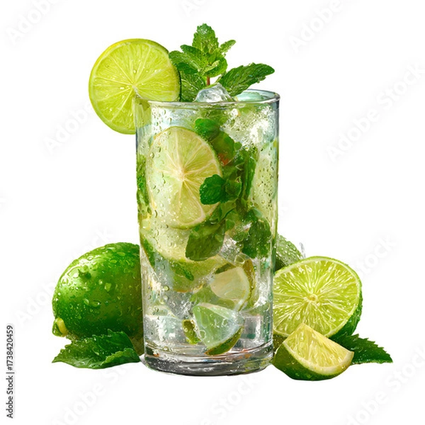 Fototapeta Refreshing Mojito Cocktail with Lime and Mint in Glass, Summer Vibes, isolated on transparent background