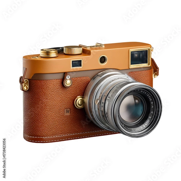 Fototapeta Vintage Camera with Leather Finish on Studio Display, Retro Photography Icon, isolated on transparent background