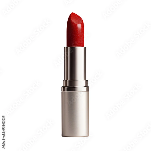 Fototapeta Red Lipstick in Sleek Metallic Tube on Studio Light, Beauty Cosmetic, isolated on transparent background