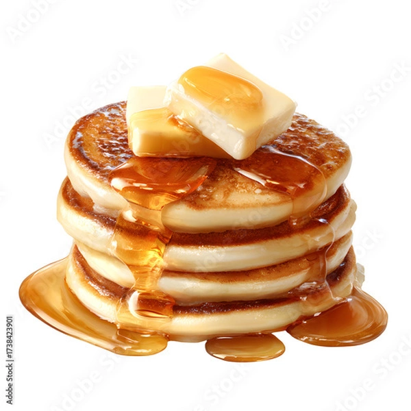 Fototapeta Stack of Pancakes with Butter and Maple Syrup, Comfort Breakfast Food, isolated on transparent background