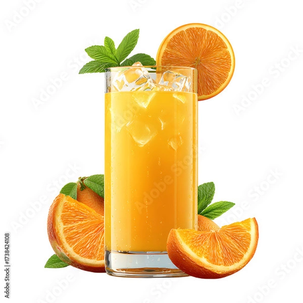 Fototapeta Refreshing Orange Juice in Tall Glass with Fruit Garnish, Summer Beverage, isolated on transparent background