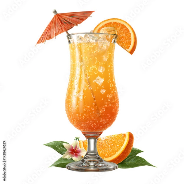 Fototapeta Sparkling Tropical Cocktail with Orange Slice and Umbrella Garnish in Tall Glass, Summer Party Theme, isolated on transparent background