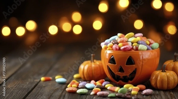 Fototapeta Jack-o-lantern Pumpkin Bowl Filled with Assorted Halloween Candy on Rustic Wooden Table with Warm Bokeh Background