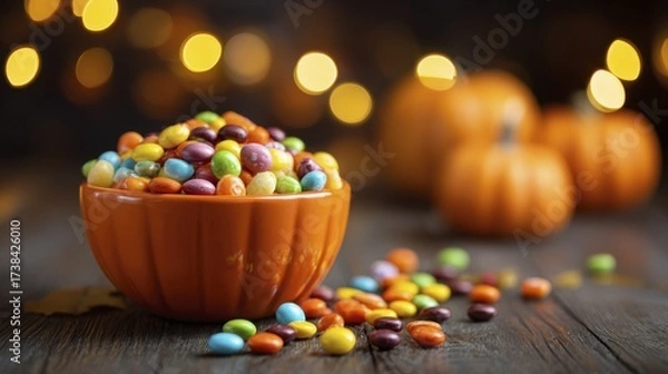 Fototapeta Pumpkin-shaped bowl filled with colorful Halloween candies on a rustic wooden table with bokeh lights