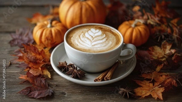 Fototapeta Cozy Pumpkin Spice Latte Mug with Autumn Leaves and Small Decorative Gourds on Wooden Surface