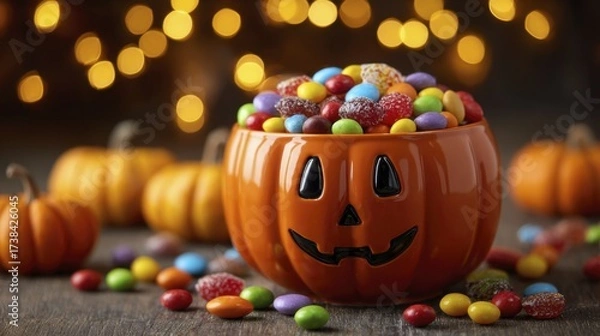 Fototapeta Ceramic pumpkin bowl overflowing with colorful Halloween candies on a wooden surface with festive lights