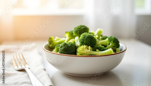 Fototapeta Fresh broccoli in a bowl on a table with sunlight from window  