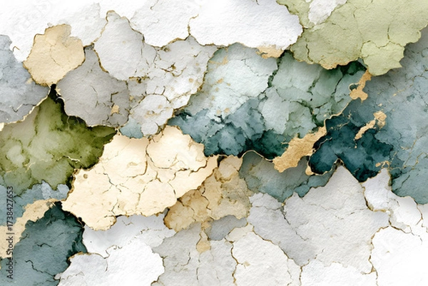 Fototapeta Abstract watercolor illustration featuring cracked textures in soft hues of green, blue, beige, and white, creating a visually captivating 