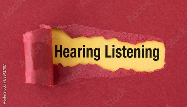 Fototapeta A torn piece of paper with the words Hearing Listening" written on it