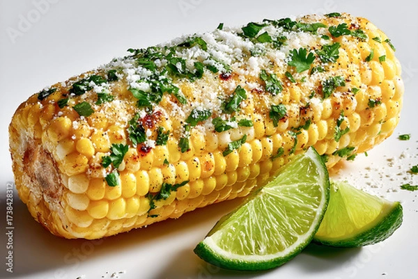 Fototapeta Grilled corn on the cob topped with fresh cilantro, cheese, and spices, served with lime wedges, showcasing vibrant colors and appetizing textures for culinary delight