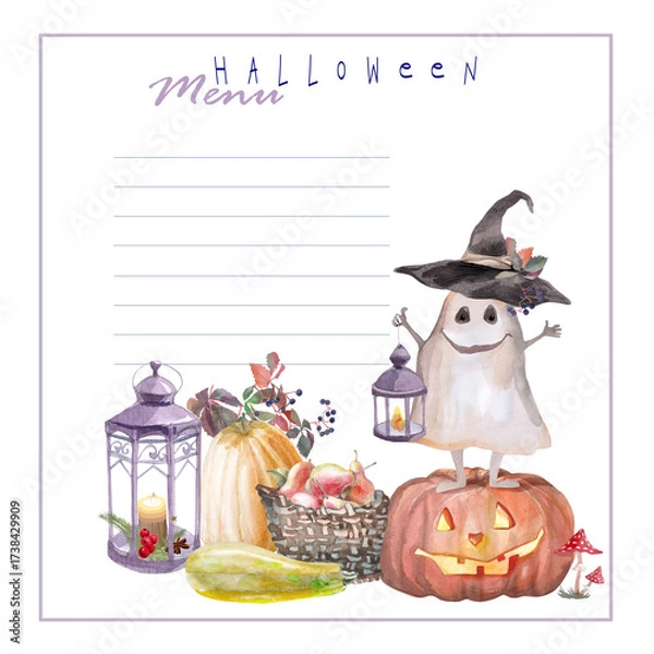 Fototapeta halloween party menu with ghost in hat on pumpkin with lanterns