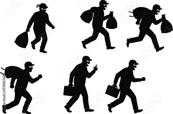 Fototapeta Thief and burglar silhouette set, running with stolen goods, criminal character, robbery, escape, carrying loot bag, masked man, crime, illegal activity, stealing.